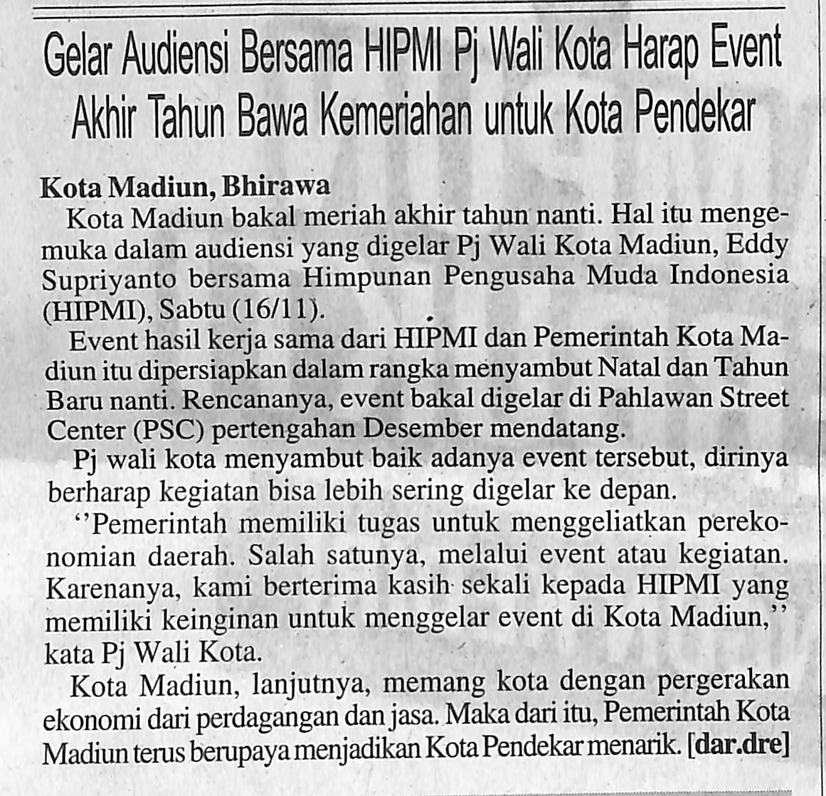 Gelar Audiensi Bersama HIPMI Pj Wali Kota Harap Event Akhir Tahun Bawa Kemeriahan untuk Kota Pendekar