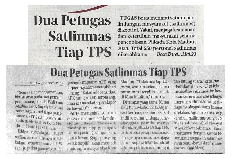 Dua Petugas Satlinmas Tiap TPS