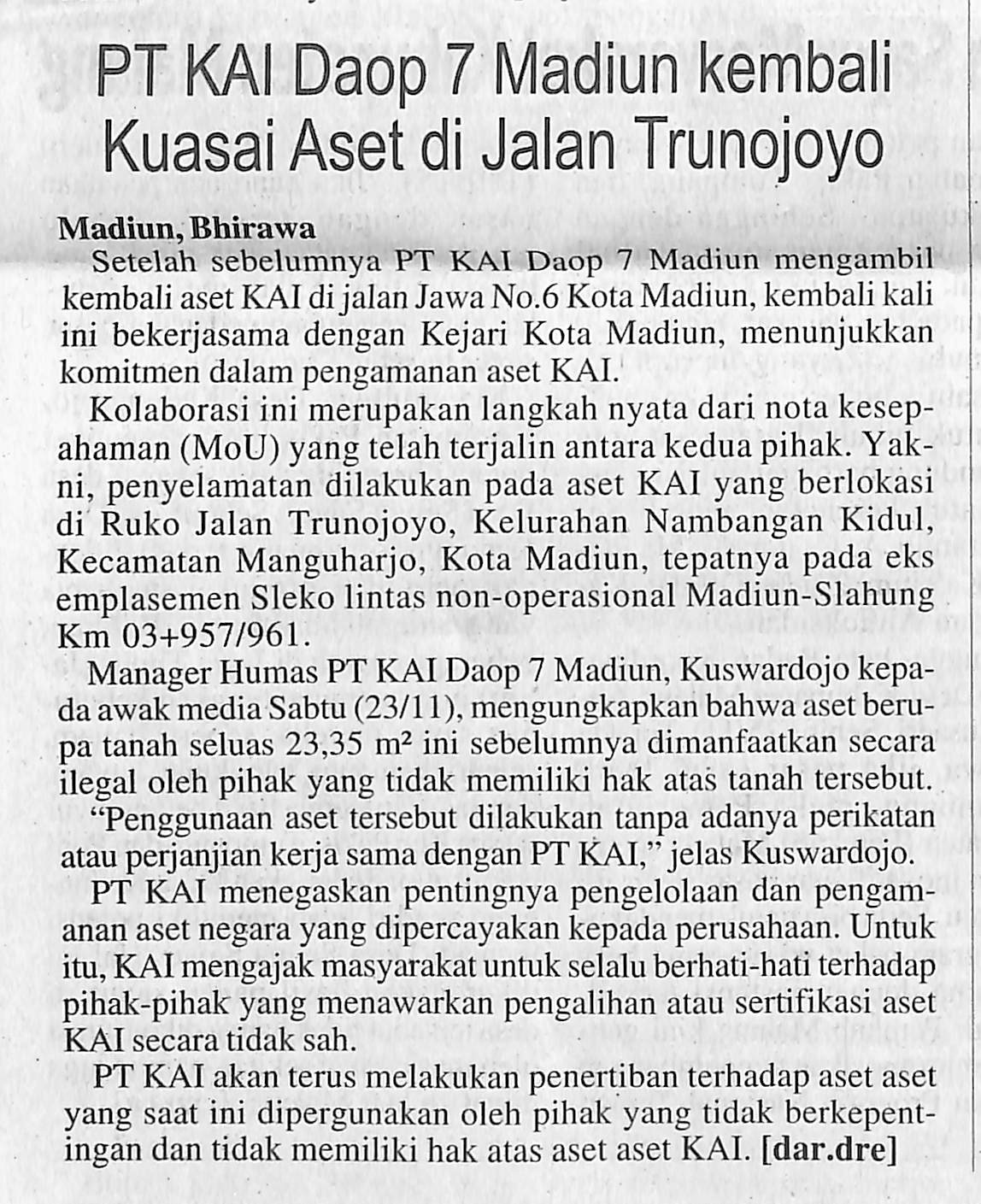 PT KAI Daop 7 Madiun Kembali Kuasai Aset di Jalan Trunojoyo