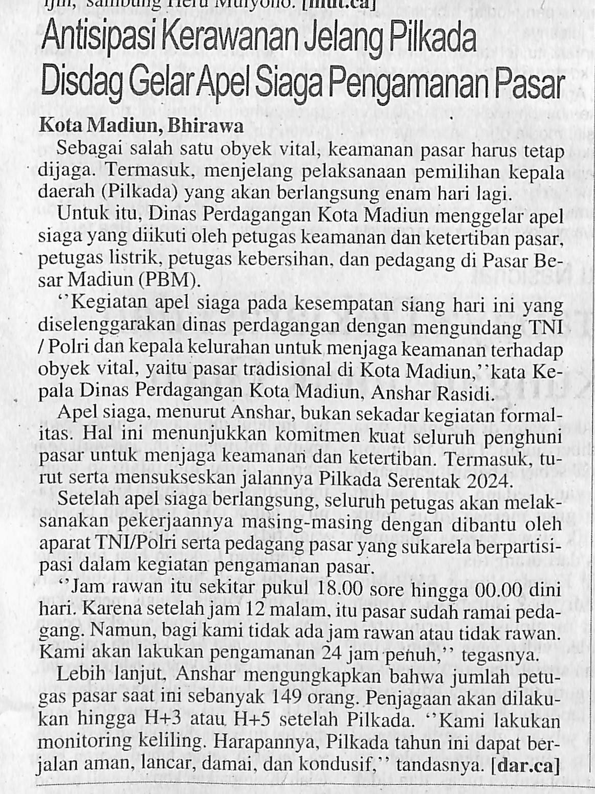 Antisipasi Kerawanan Jelang Pilkada Disdag Gelar Apel Siaga Pengamanan Pasar