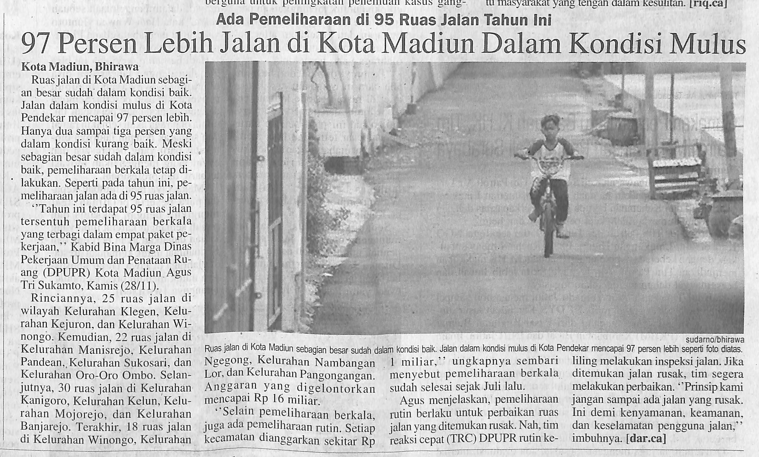 Ada Pemeliharaan di 95 Ruas Jalan Tahun Ini, 97 Persen Lebih Jalan Kota Madiun Dalam Kondisi Mulus