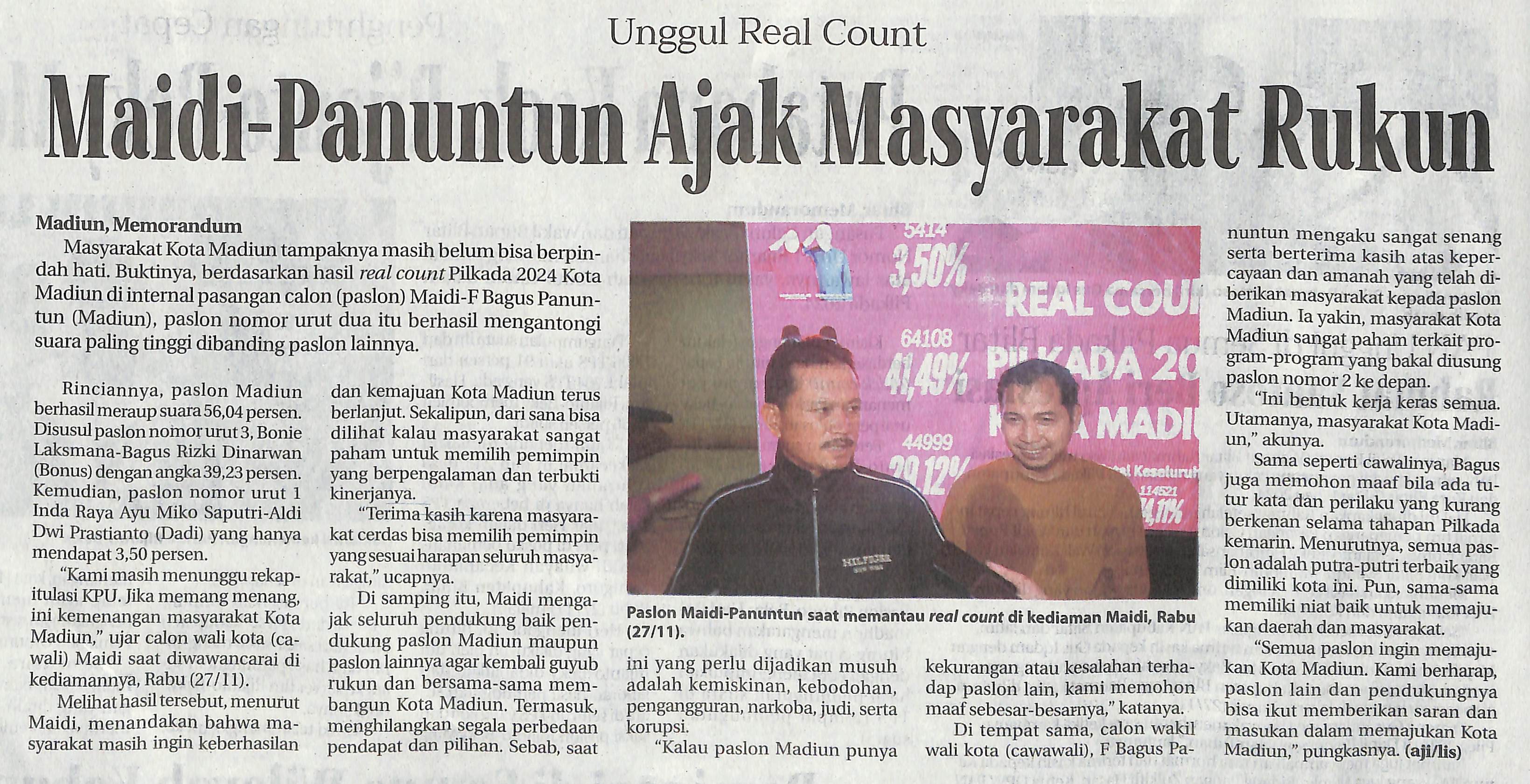 Unggul Real Count Maidi-Panuntun Ajak Masyarakat Rukun