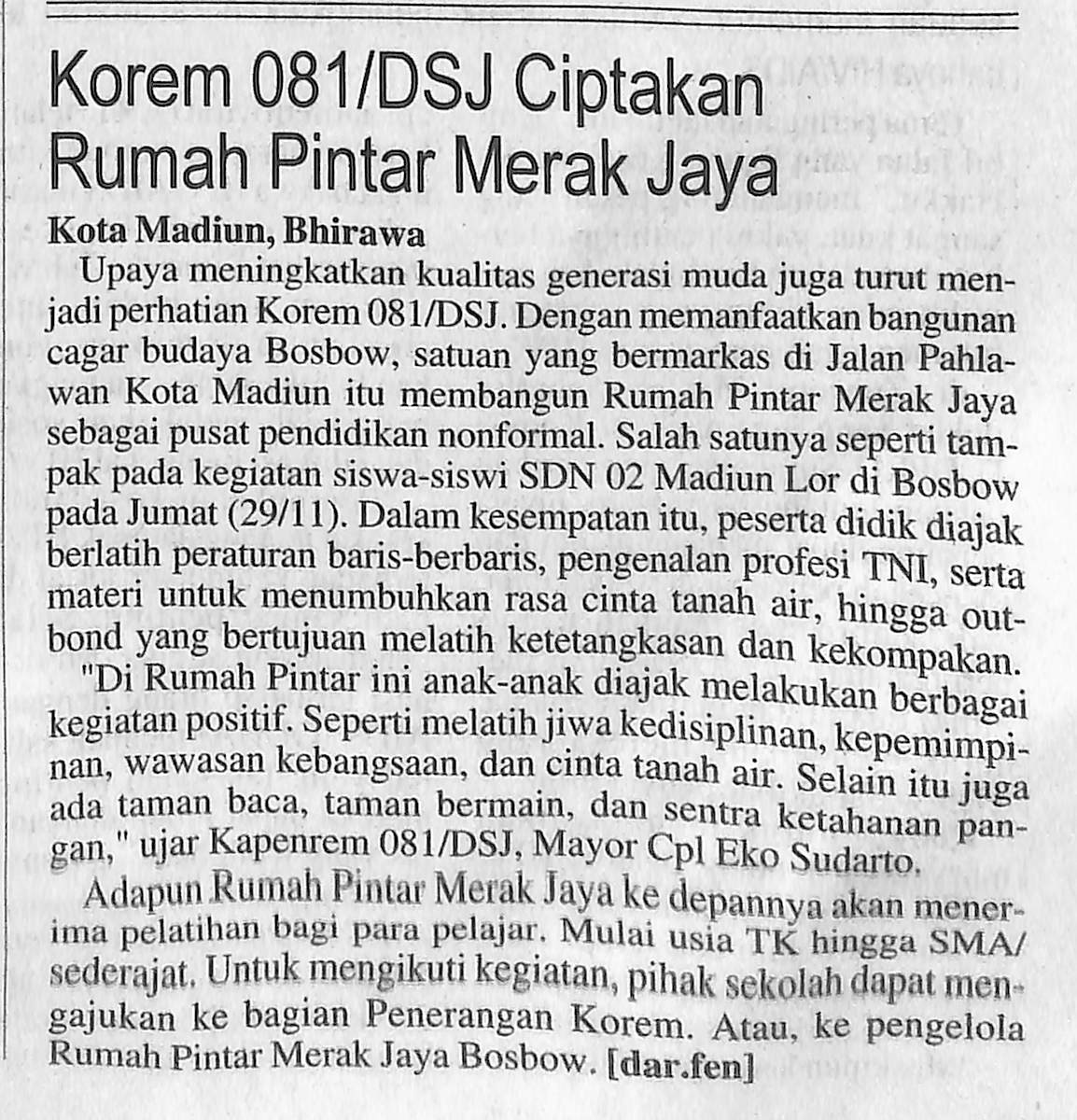Korem 081/DSJ Ciptakan Rumah Pintar Merak Raya