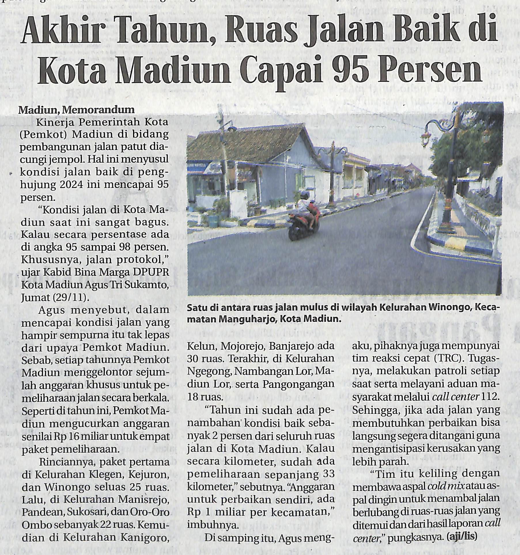 Akhir Tahun, Ruas Jalan Baik di Kota Madiun Capai 95 Persen