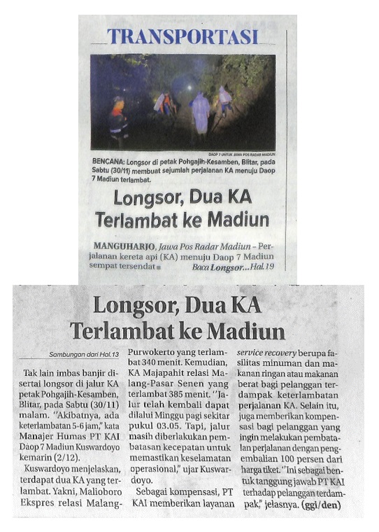 Longsor, Dua KA Terlambat ke Madiun