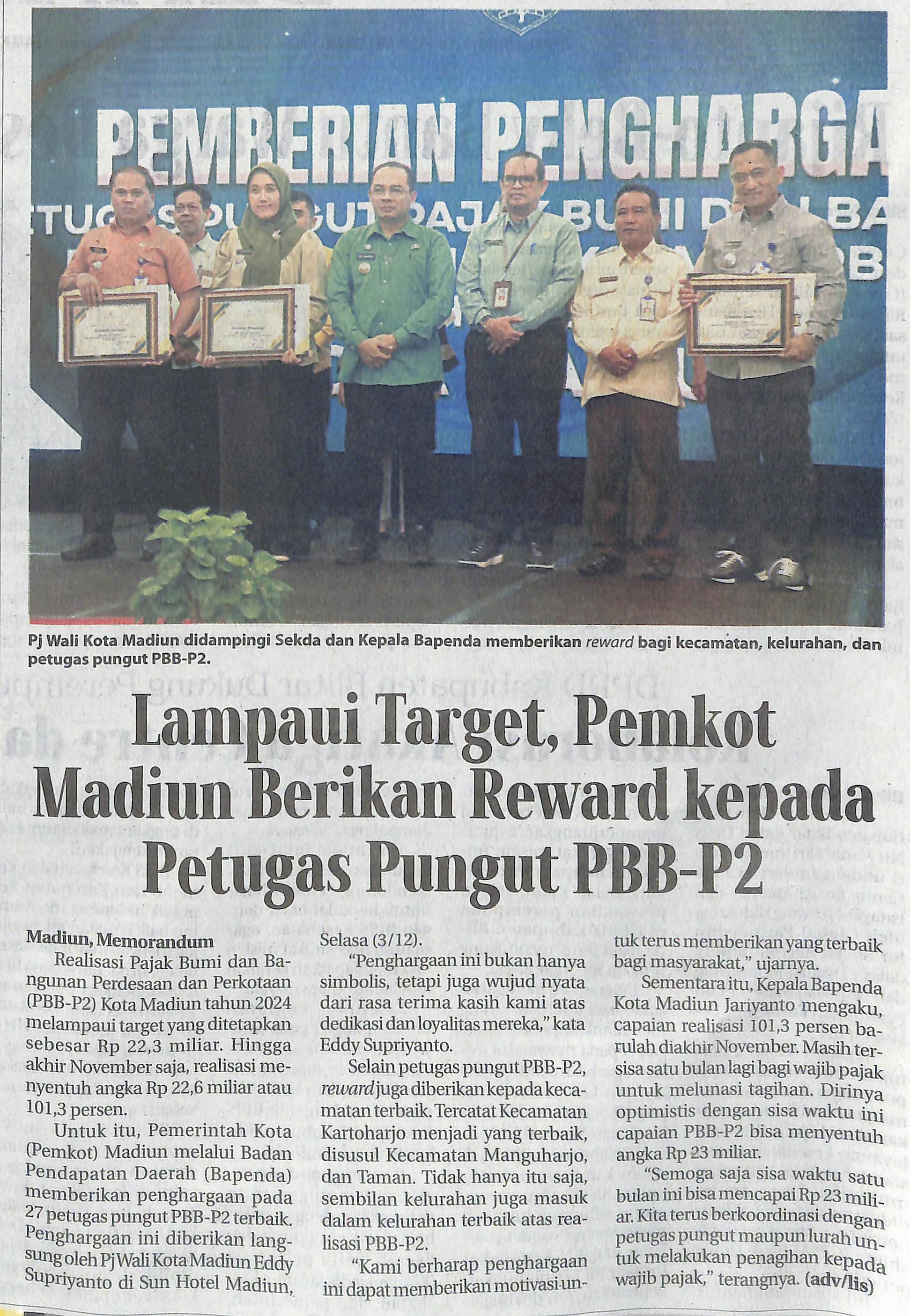 Lampaui Target, Pemkot Madiun Berikan Reward kepada Petugas Pungut PBB-P2