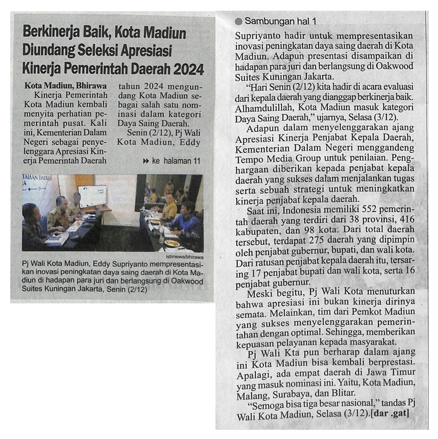 Berkinerja Baik, Kota Madiun Diundang Seleksi Apresiasi Kinerja Pemerintah Daerah 2024