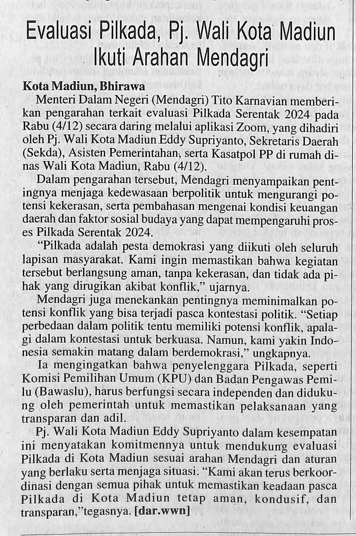 Evaluasi Pilkada, Pj. Kota Madiun Ikuti Arahan Mendagri