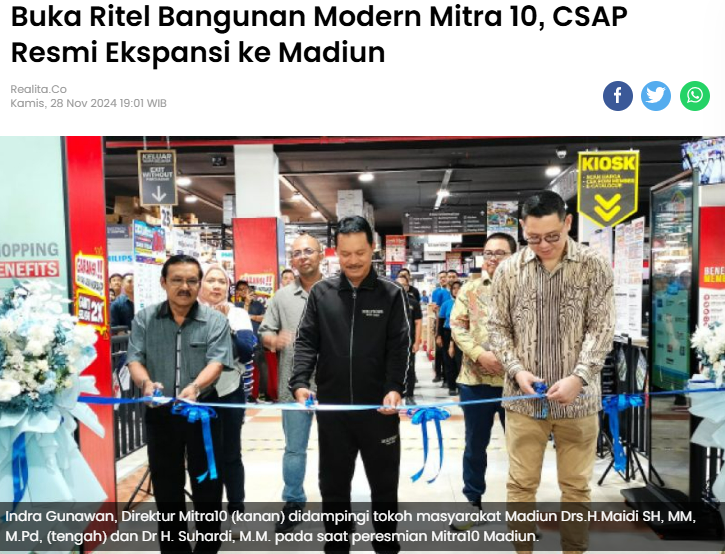 Buka Ritel Bangunan Modern Mitra 10, CSAP Resmi Ekspansi ke Madiun
