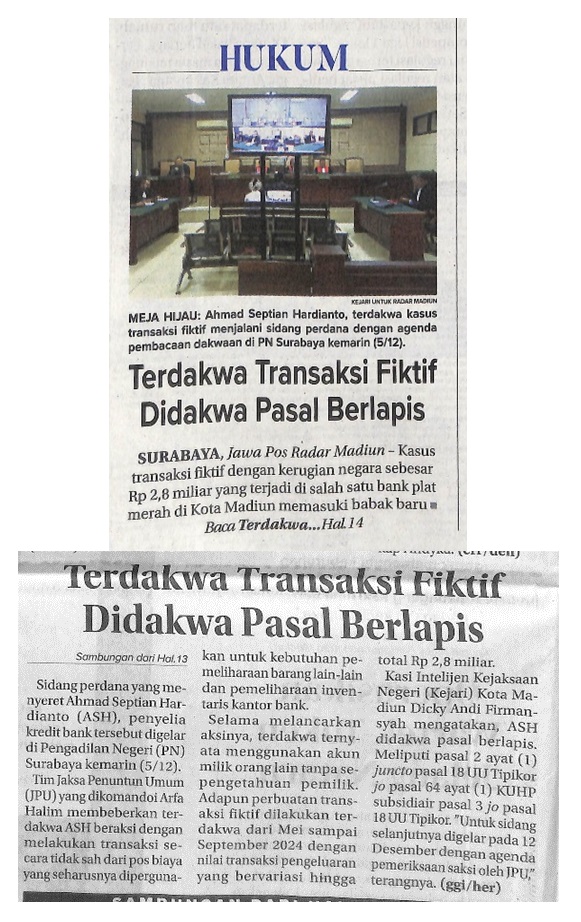 Terdakwa Transaksi Fiktif Didakwa Pasal Berlapis