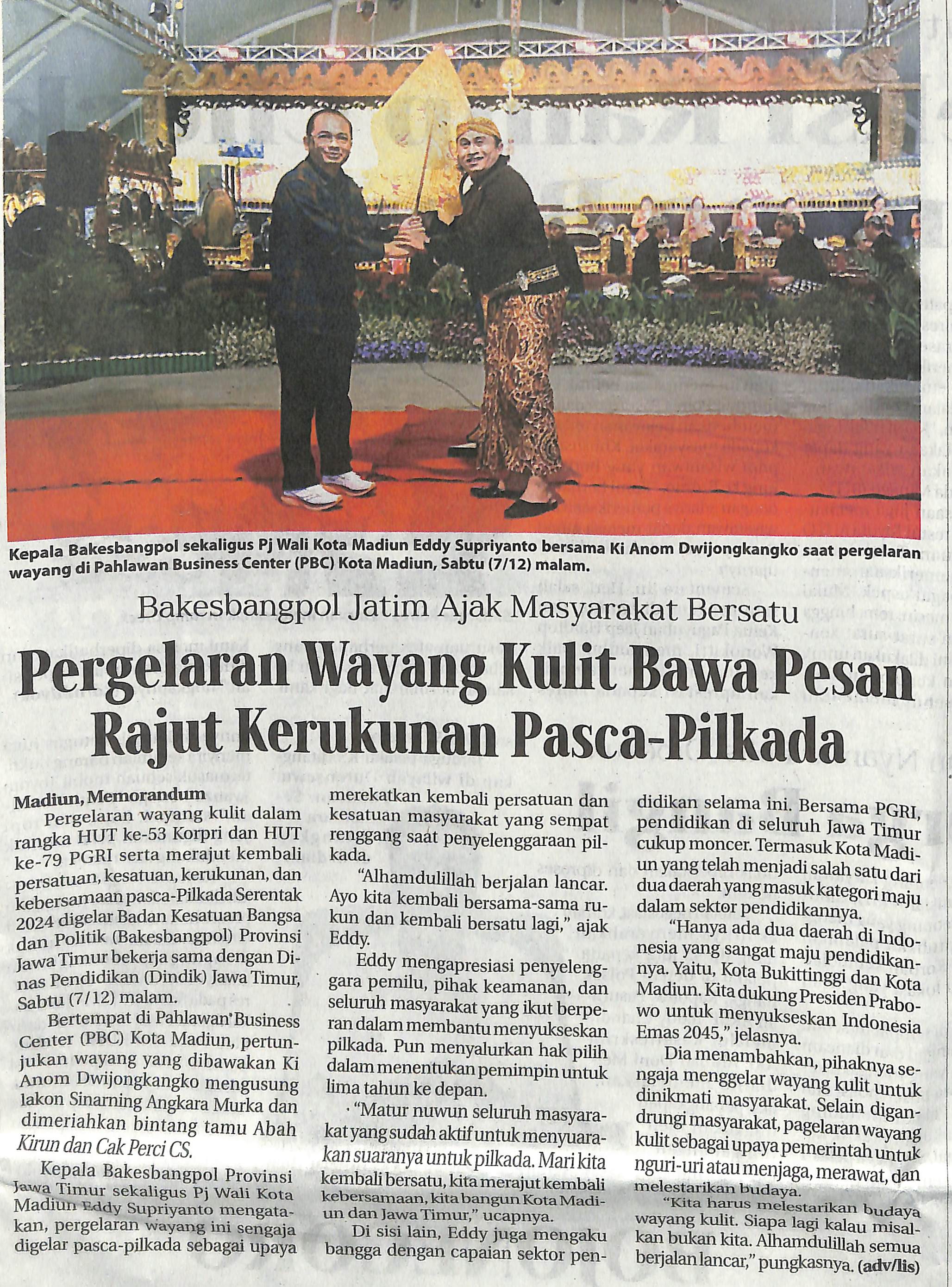 Pagelaran Wayang Kulit Bawa Pesan Rajut Kerukunan Pasca-Pilkada
