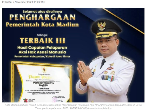Kota Madiun raih terbaik ketiga Penghargaan RANHAM Jawa Timur