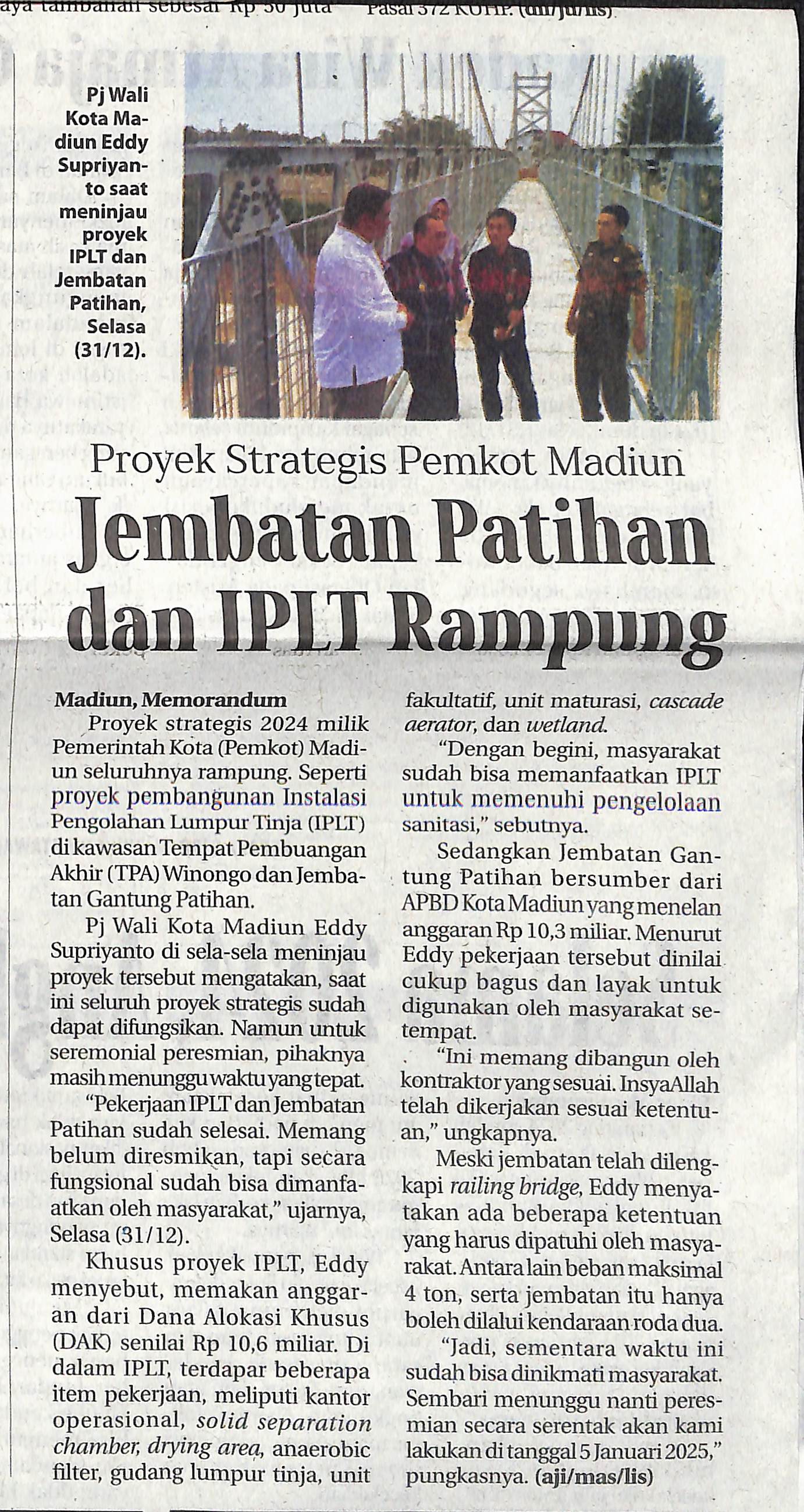 Proyek Strategis Pemkot Madiun, Jembatan Patihan dan IPLT Rampung