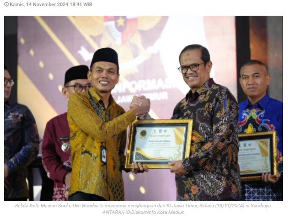 Kota Madiun raih penghargaan Badan Publik Informatif terbaik ketiga ajang KI Award Jatim