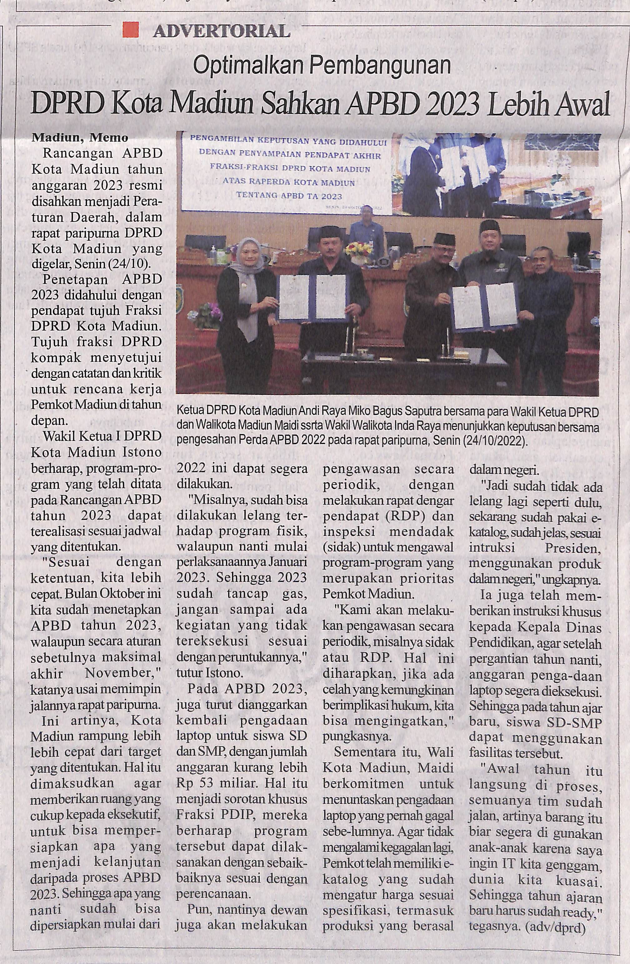DPRD Kota Madiun Sahkan APBD 2023 Lebih Awal