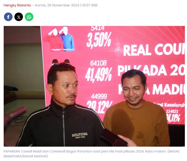 Hasil Pilkada Kota Madiun Versi Real Count Tim Maidi-Bagus Panuntun, Petahana Klaim Unggul Telak