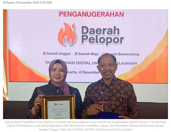 Kota Madiun raih anugerah Daerah Pelopor Transformasi Digital Pembelajaran