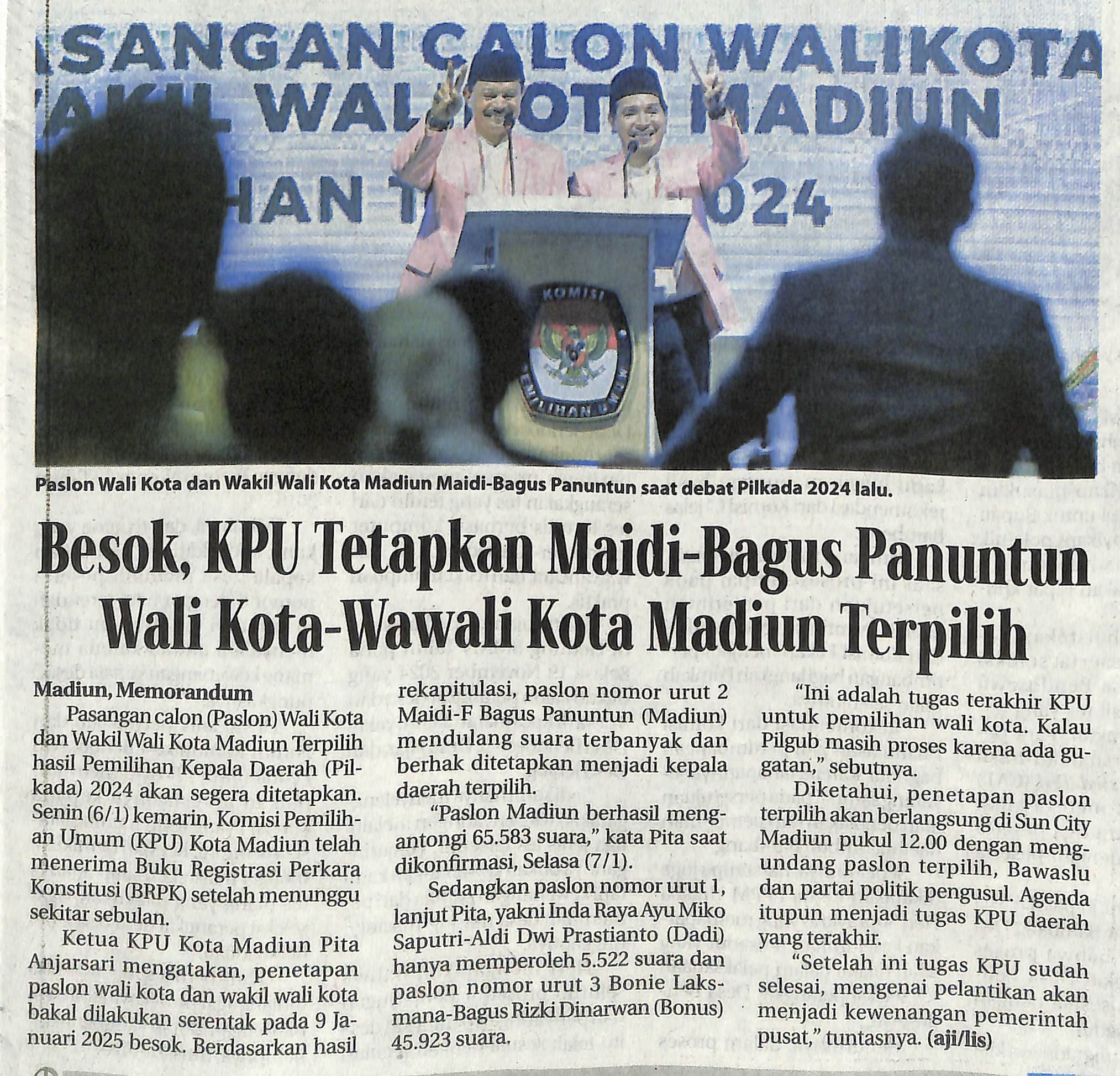 Besok, KPU Tetapkan Maidi-Bagus Penuntun Walikota-Wawali Kota Madiun Terpilih