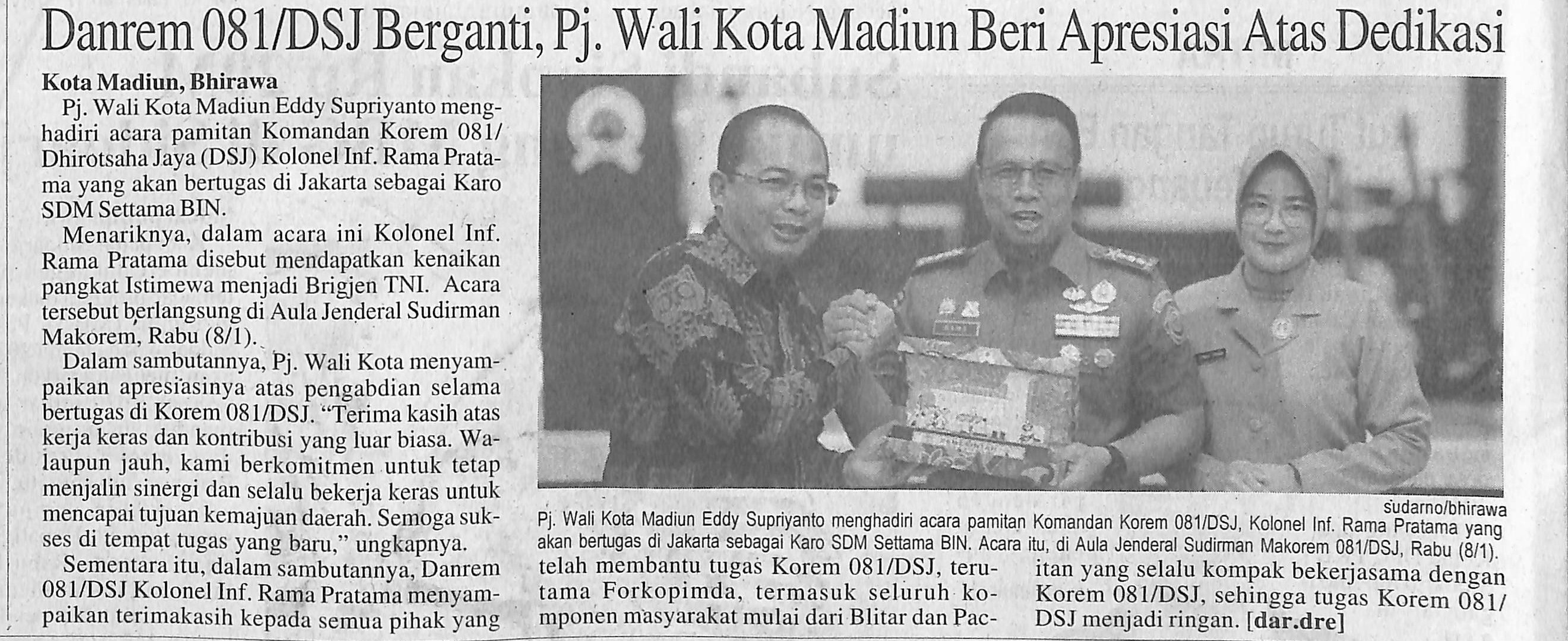 Danrem 081 DSJ Berganti, Pj. Wali Kota Madiun Beri Apresiasi Atas Dedikasi