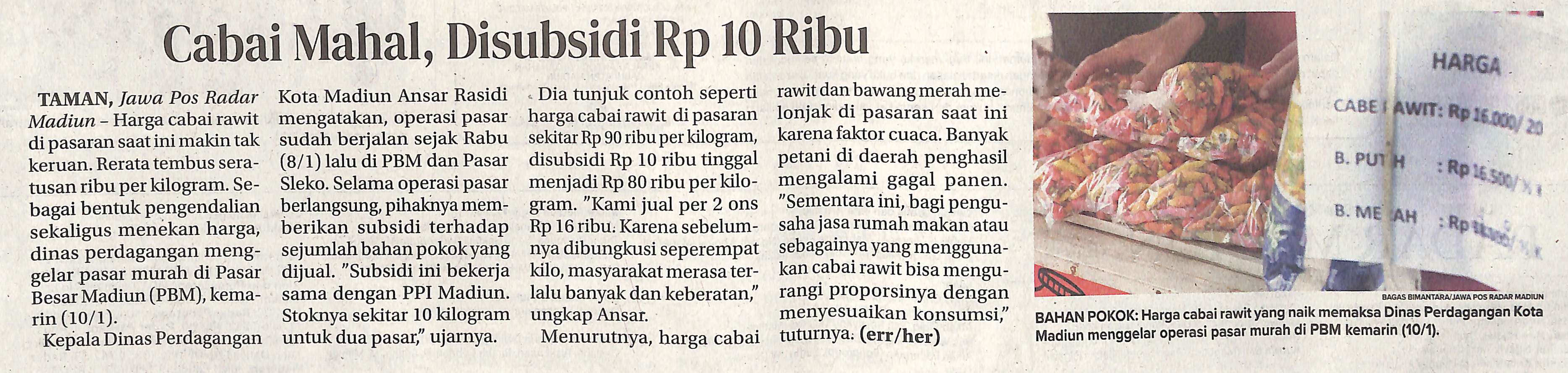 Cabai Mahal, Disubsidi Rp 10 Ribu