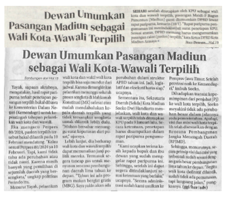 Dewan Umumkan Pasangan Madiun sebagai Wali Kota-Wawali Terpilih
