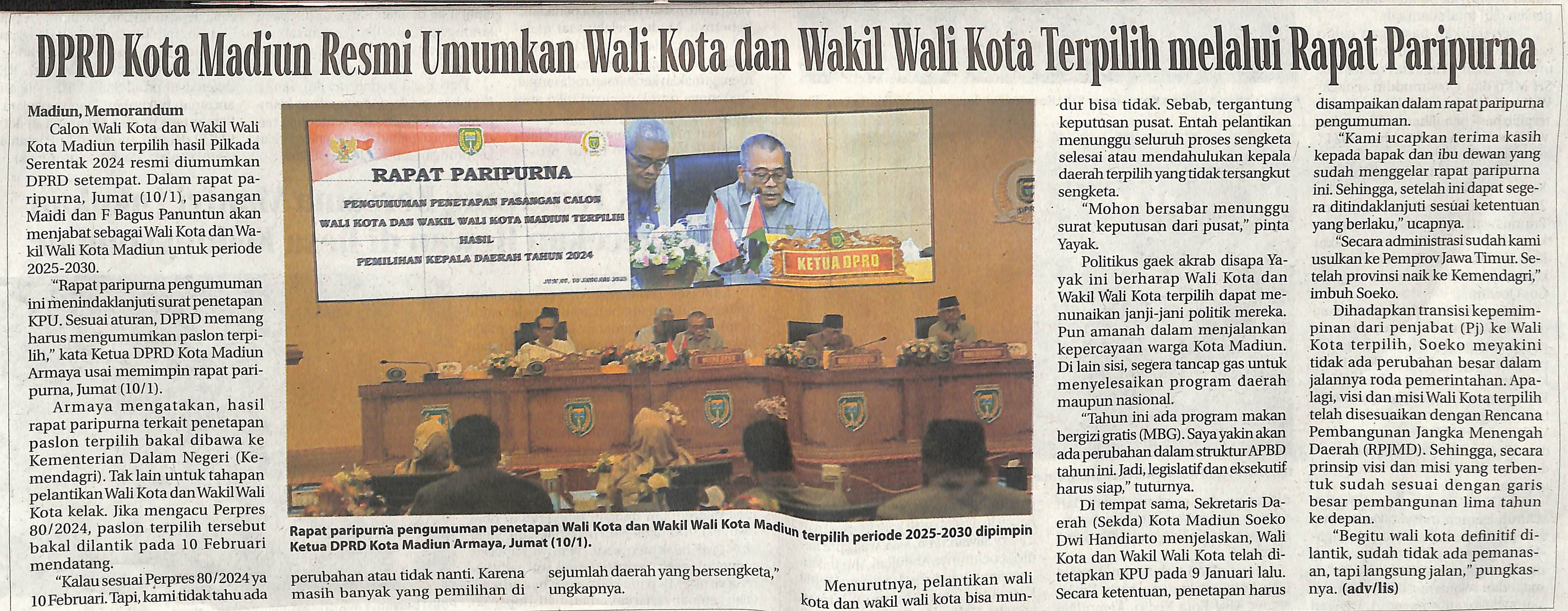 DPRD Kota Madiun Resmi Umumkan Wali Kota dan Wakil Wali Kota Terpilih melalui Rapat Paripurna