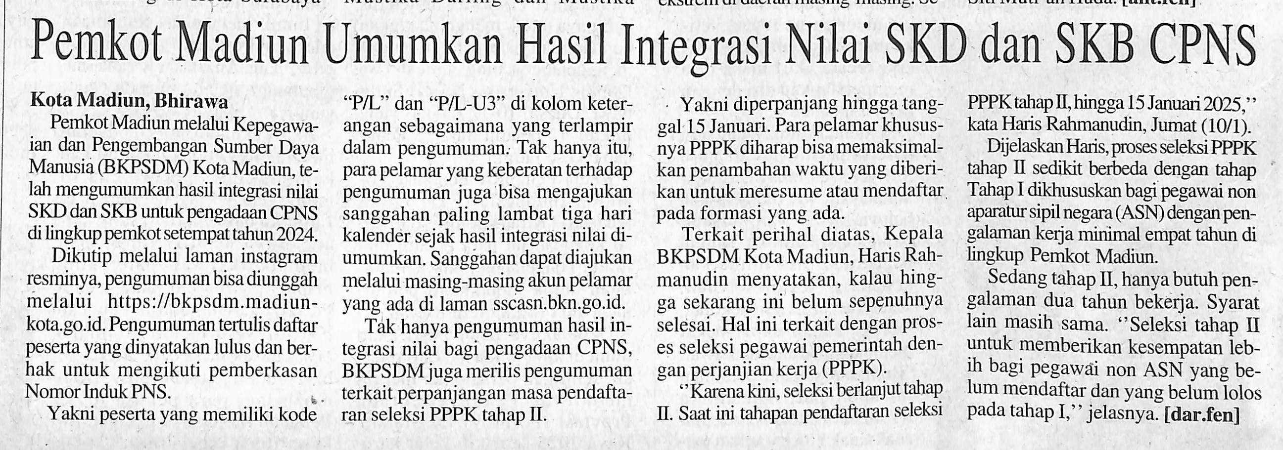 Pemkot Madiun Umumkan Hasil Integrasi Nilai SKD  dan SKB CPNS