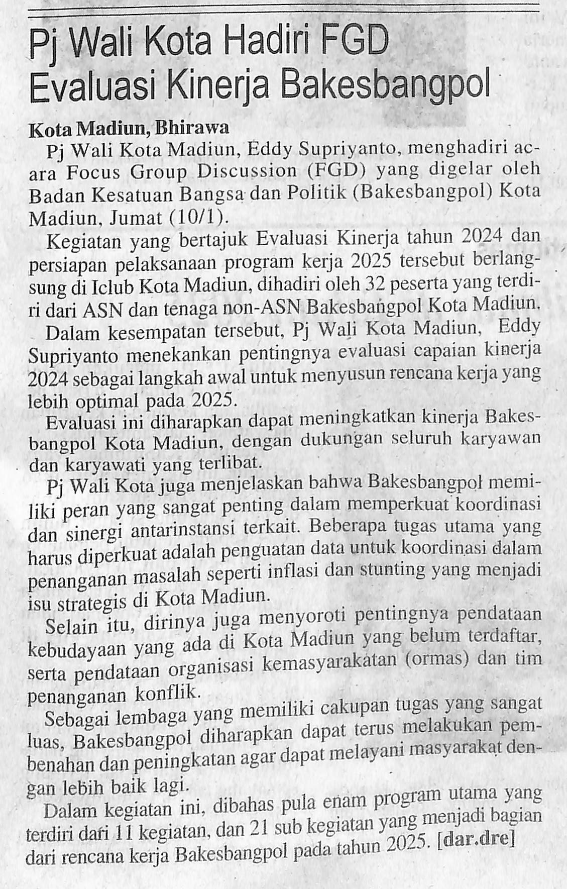 Pj Wali Kota Hadiri FGD Evaluasi Kinerja Bakesbangpol