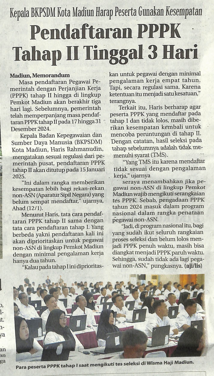 Kepala BKPSDM Kota Madiun Harap Peserta Gunakan Kesempatan Pendaftaran PPPK Tahap II Tinggal 3 Hari