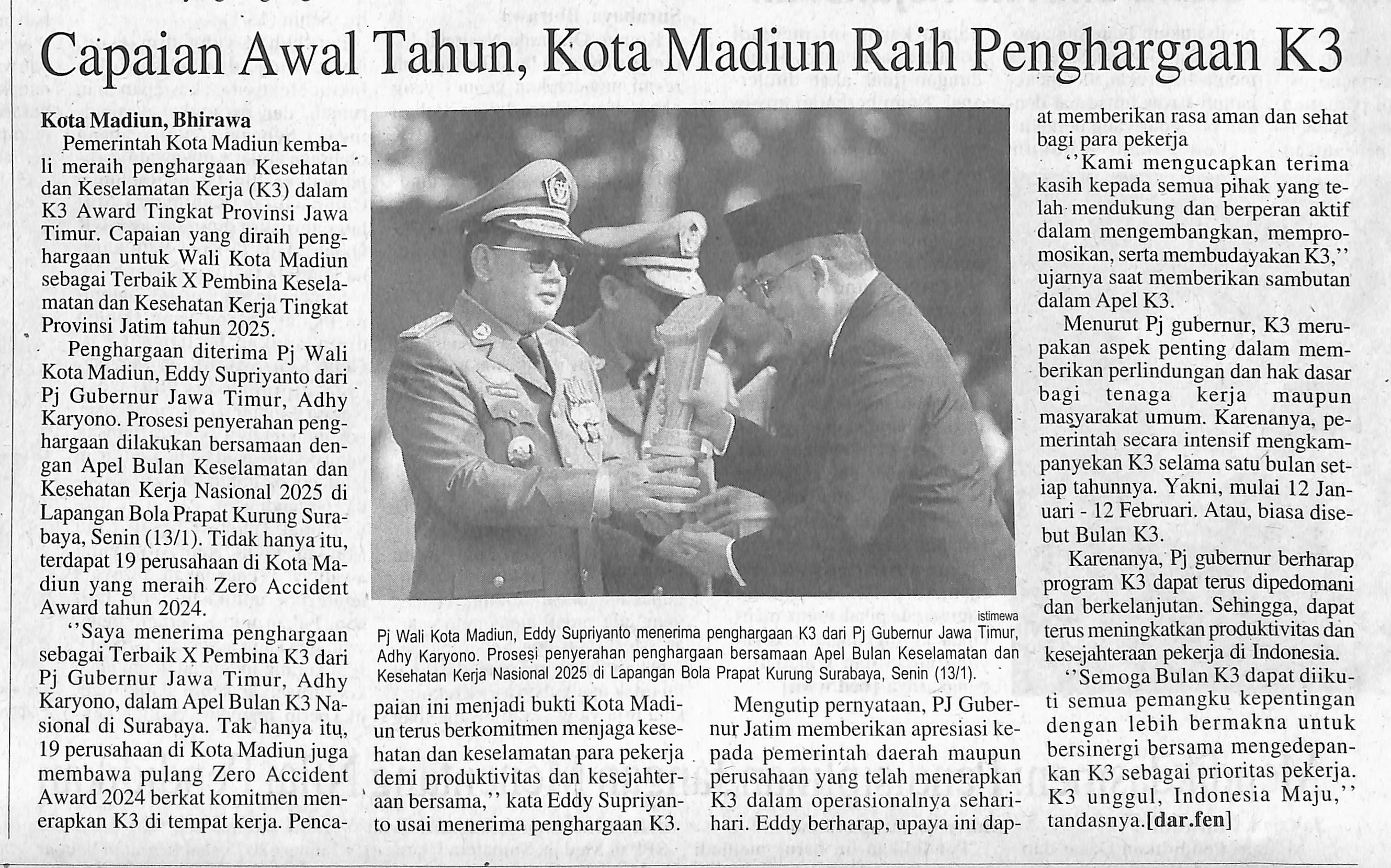 Capaian Awal Tahun, Kota Madiun Raih Penghargaan K3