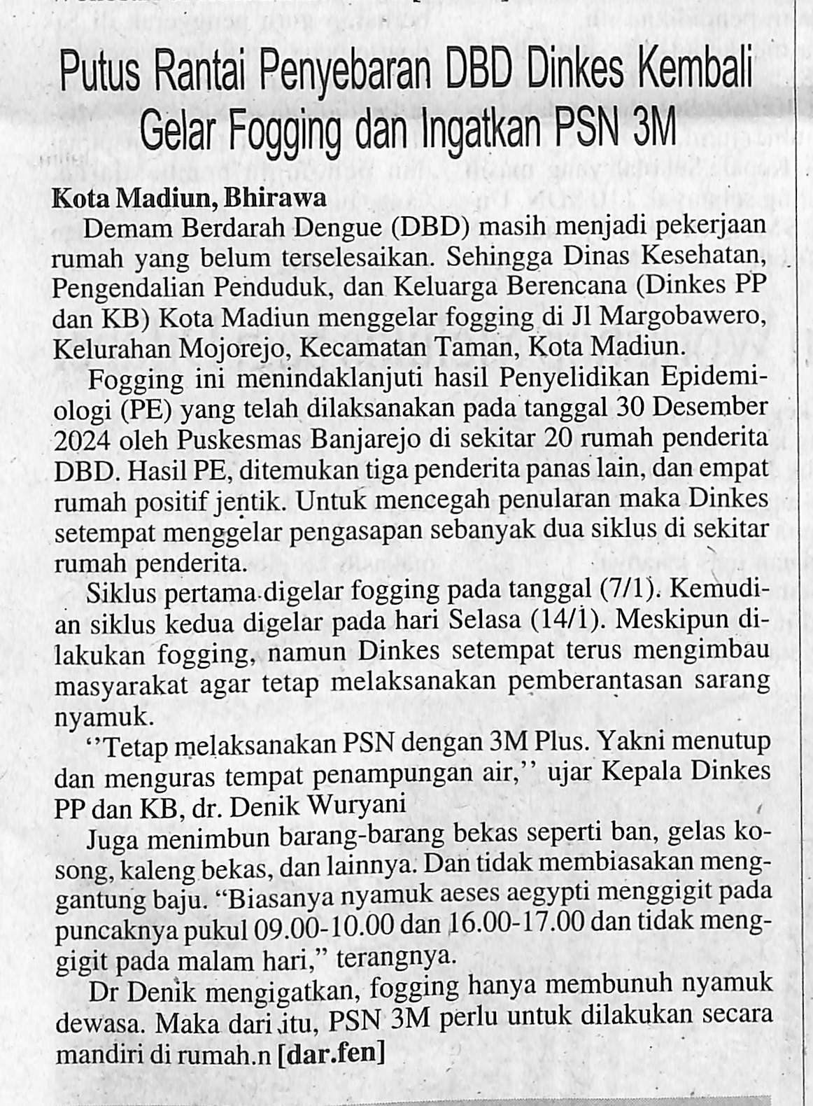 Putus Rantai Penyebaran DBD Dinkes Kembali Gelar Fogging dan Ingatkan PSN 3M