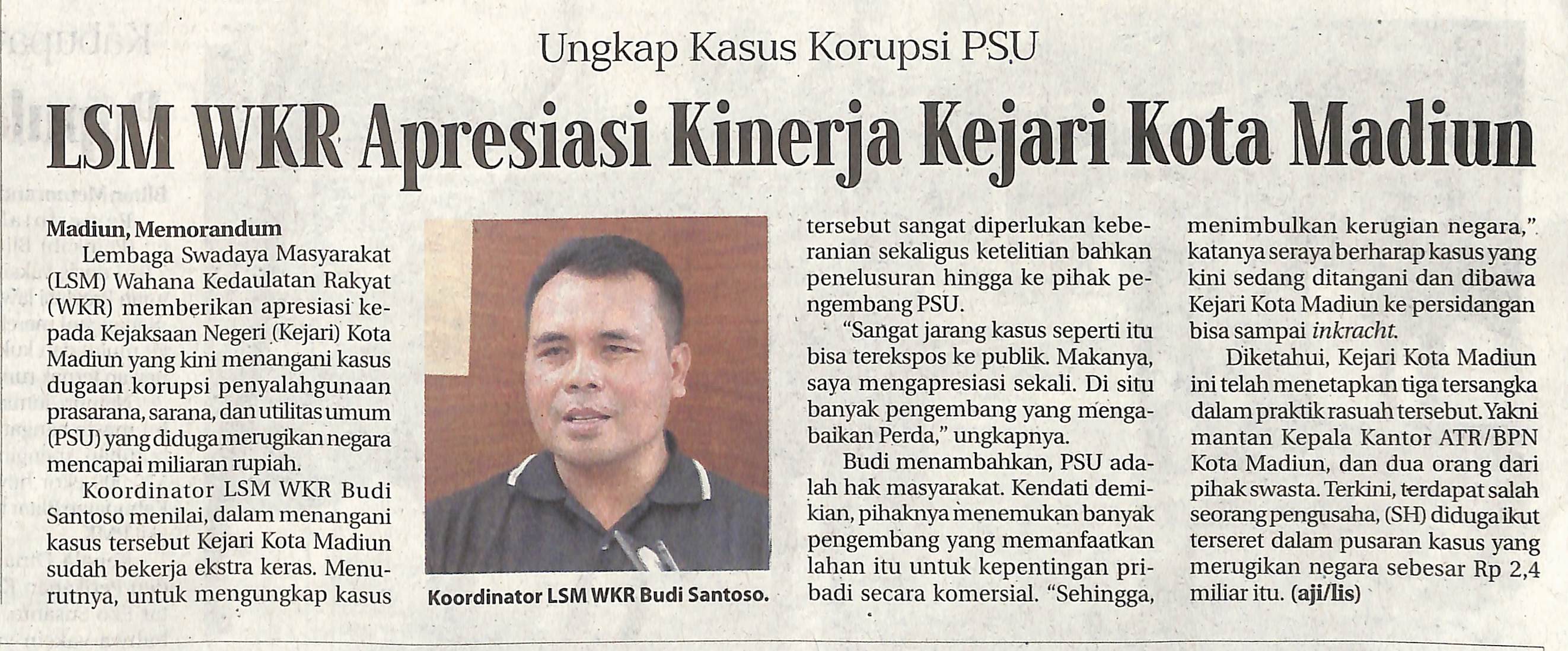 Ungkap Kasus Korupsi PSU LSM WKR Apresiasi Kinerja Kejari Kota Madiun