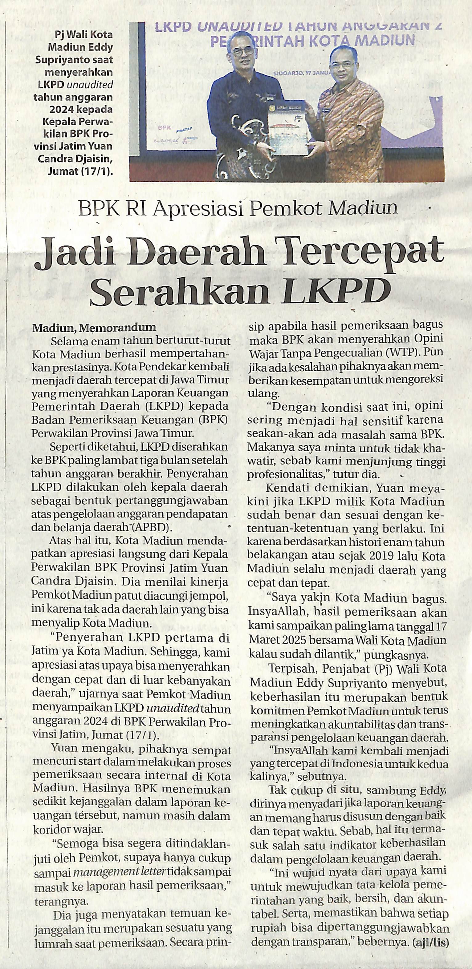 BPK RI Apresiasi Pemkot Madiun Jadi Daerah Tercepat Serahkan LKPD