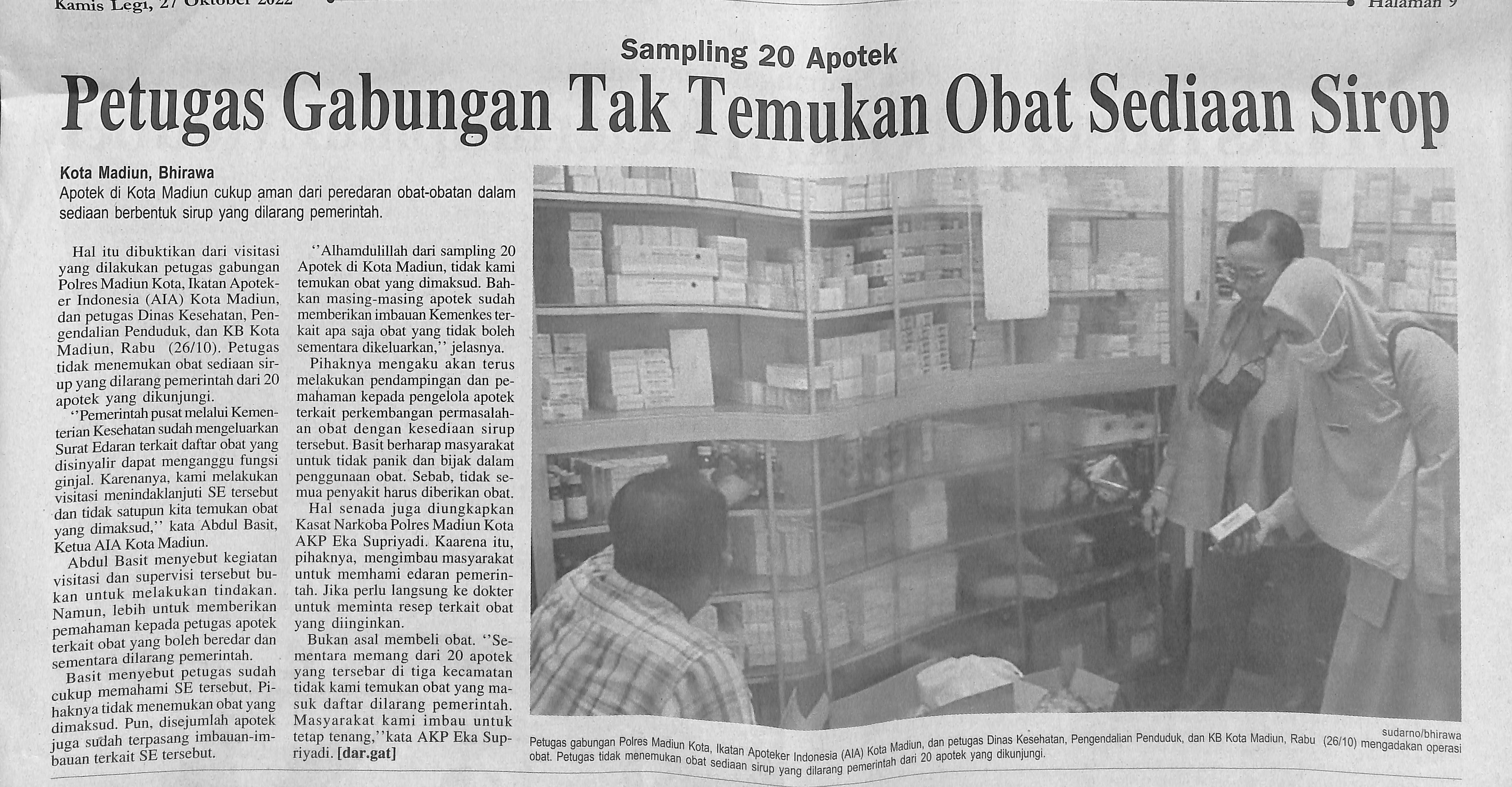 Sampling 20 Apotek, Petugas Gabungan Tak Temukan Obat Sediaan Sirop