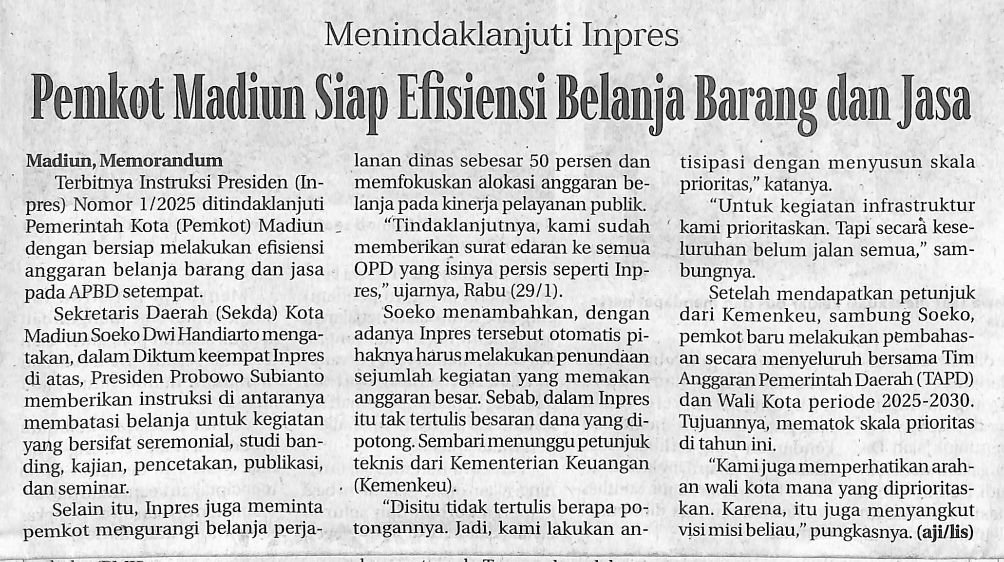 Pemkot Madiun Siap Efisiensi Belaja Barang dan Jasa
