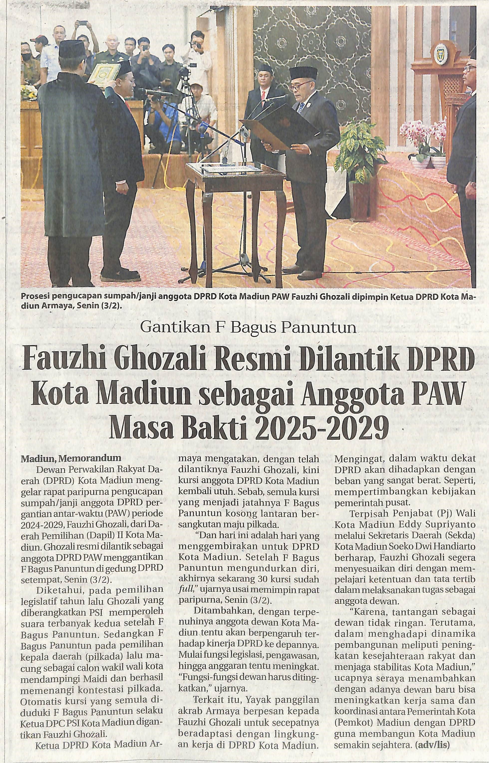 Fauzhi Ghozali Resmi Dilantik DPRD Kota Madiun sebagai Anggota PAW Masa Bakti 2025-2029