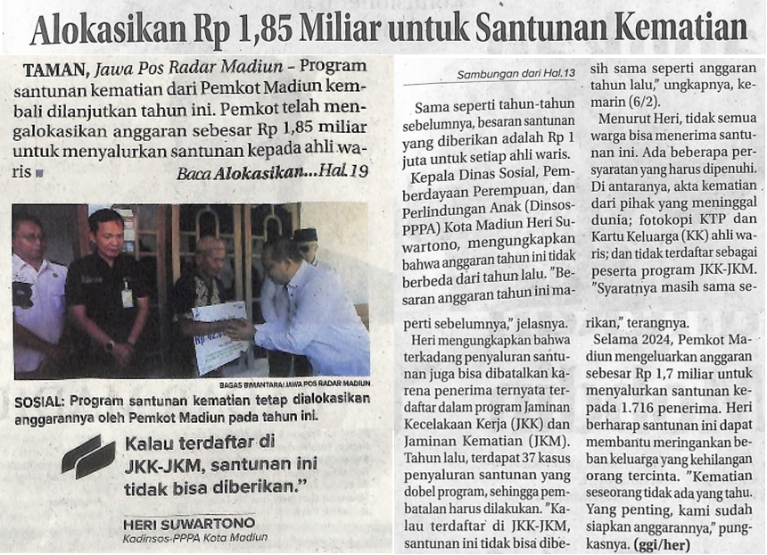 Alokasikan Rp 1,85 Miliar untuk Santunan Kematian