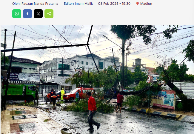 Pohon Tumbang di Jalan Biliton Kota Madiun Menimpa Fasum dan Menutup Akses Jalan