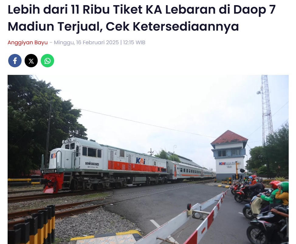 Lebih dari 11 Ribu Tiket KA Lebaran di Daop 7 Madiun Terjual, Cek Ketersediaannya