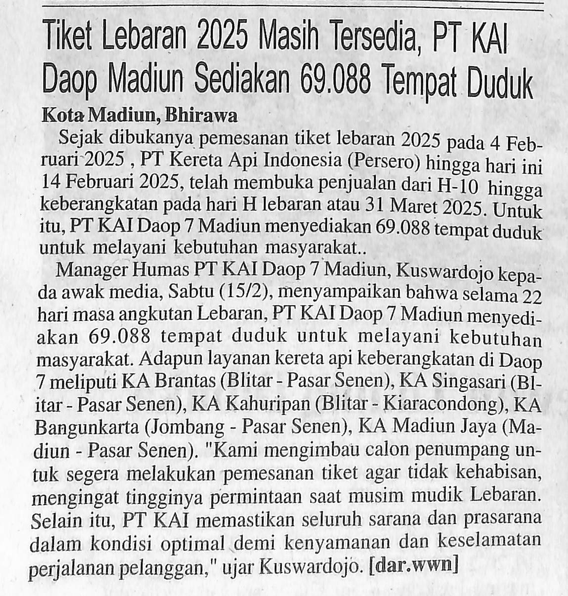 Tiket Lebaran 2025 Masih Tersedia, PT ΚΑΙ Daop Madiun Sediakan 69.088 Tempat Duduk