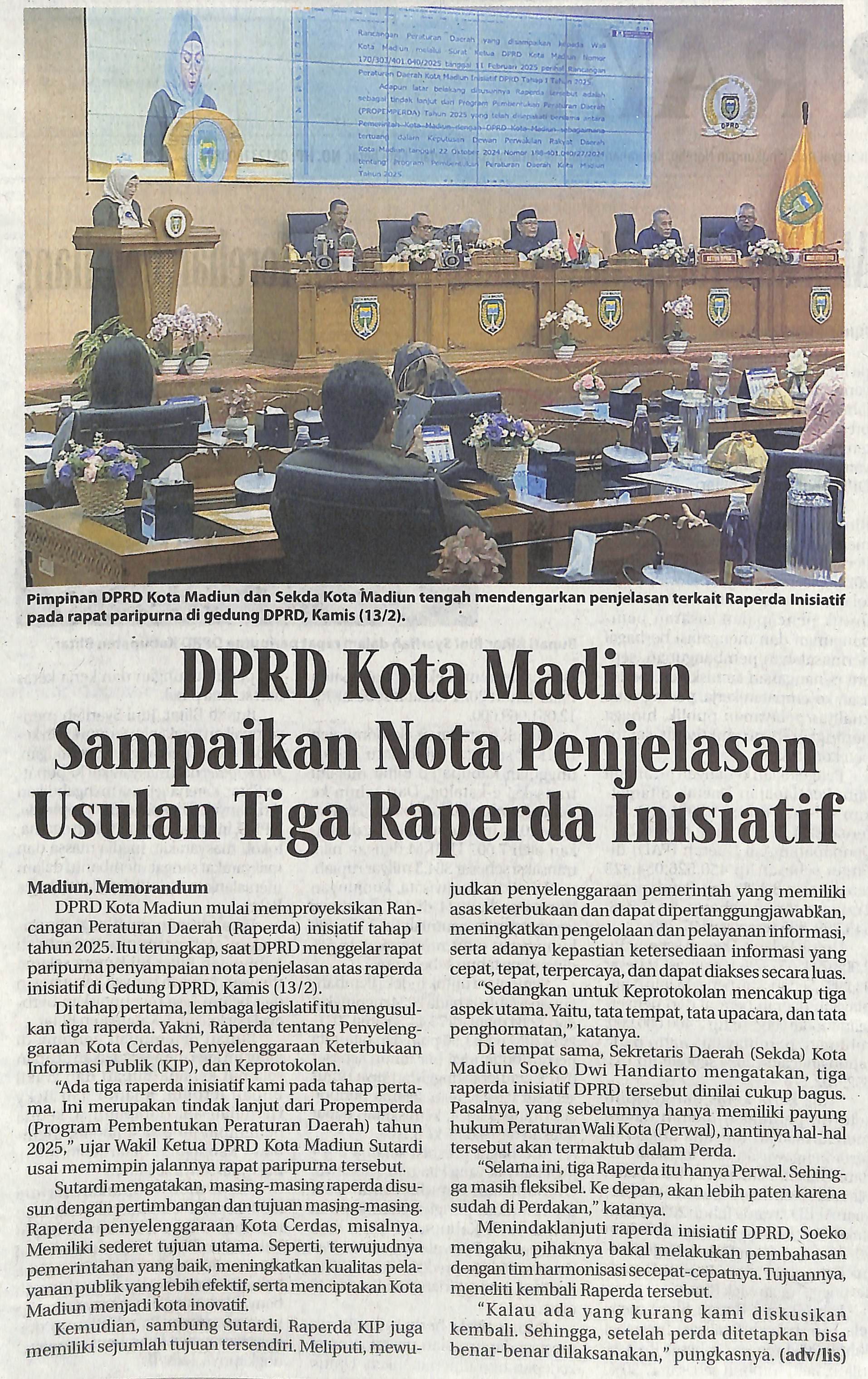 DPRD Kota Madiun Sampaikan Nota Penjelasan Usulan Tiga Raperda Inisiatif