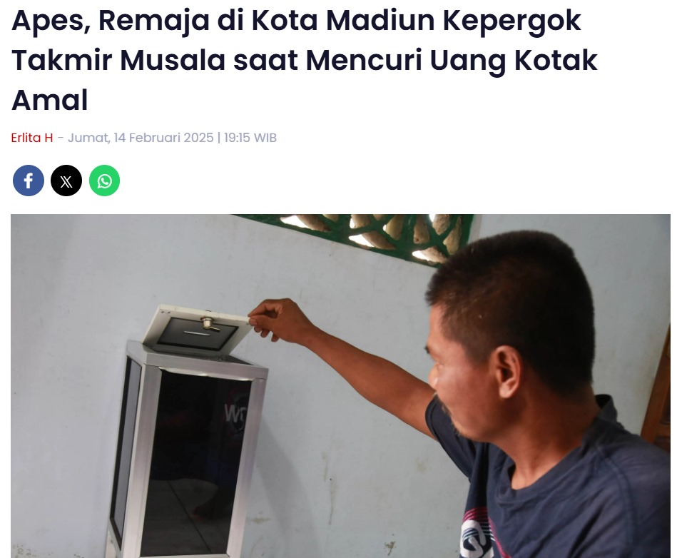 Apes, Remaja di Kota Madiun Kepergok Takmir Musala saat Mencuri Uang Kotak Amal