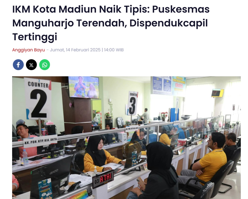 IKM Kota Madiun Naik Tipis: Puskesmas Manguharjo Terendah, Dispendukcapil Tertinggi