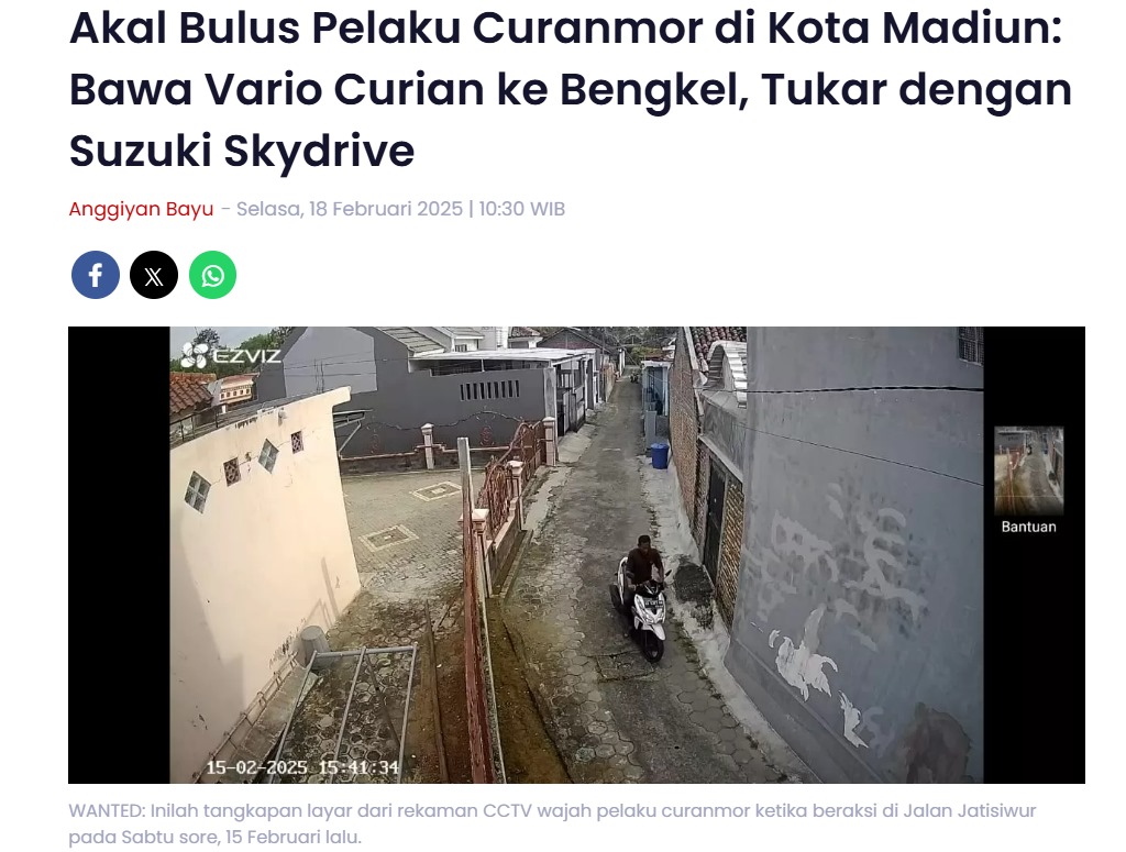 Akal Bulus Pelaku Curanmor di Kota Madiun: Bawa Vario Curian ke Bengkel, Tukar dengan Suzuki Skydrive