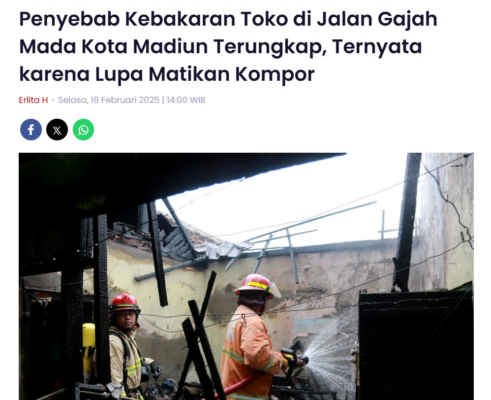 Penyebab Kebakaran Toko di Jalan Gajah Mada Kota Madiun Terungkap, Ternyata karena Lupa Matikan Kompor