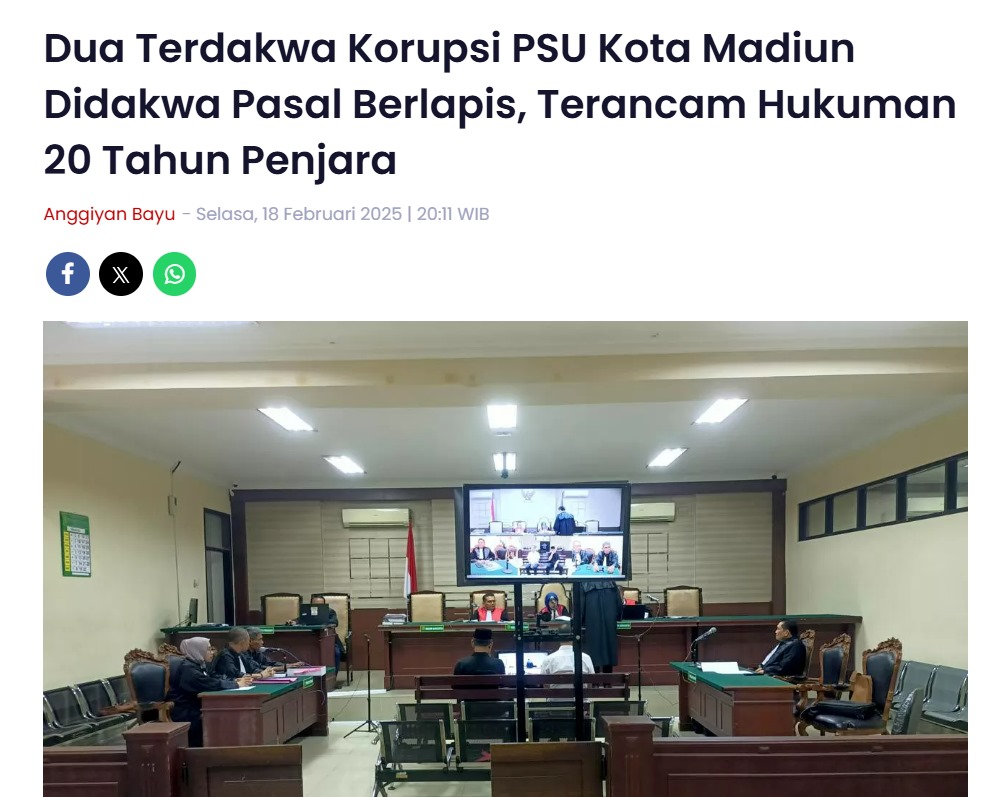 Dua Terdakwa Korupsi PSU Kota Madiun Didakwa Pasal Berlapis, Terancam Hukuman 20 Tahun Penjara