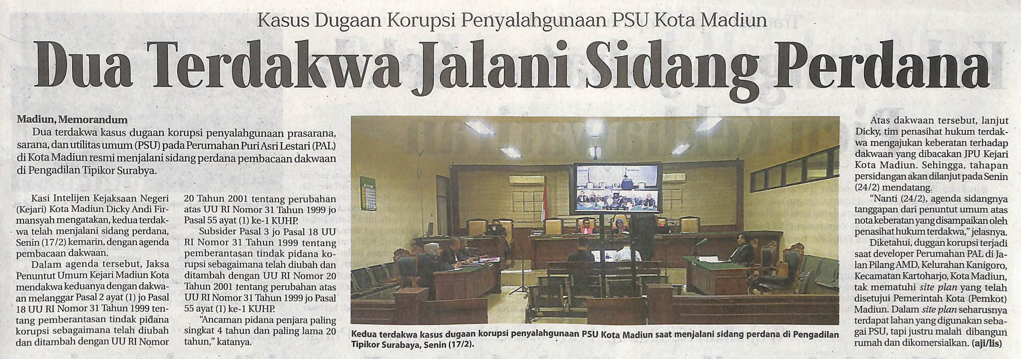Dua Terdakwa Kasus PSU Perumahan di Kota Madiun Jalani Sidang Perdana