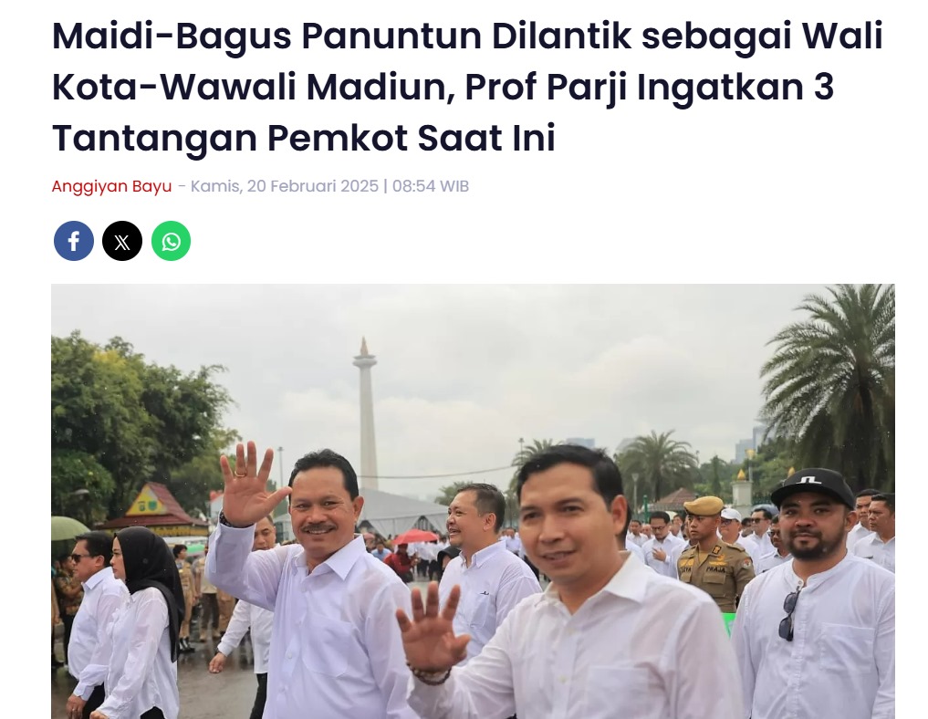Maidi-Bagus Panuntun Dilantik sebagai Wali Kota-Wawali Madiun, Prof Parji Ingatkan 3 Tantangan Pemkot Saat Ini
