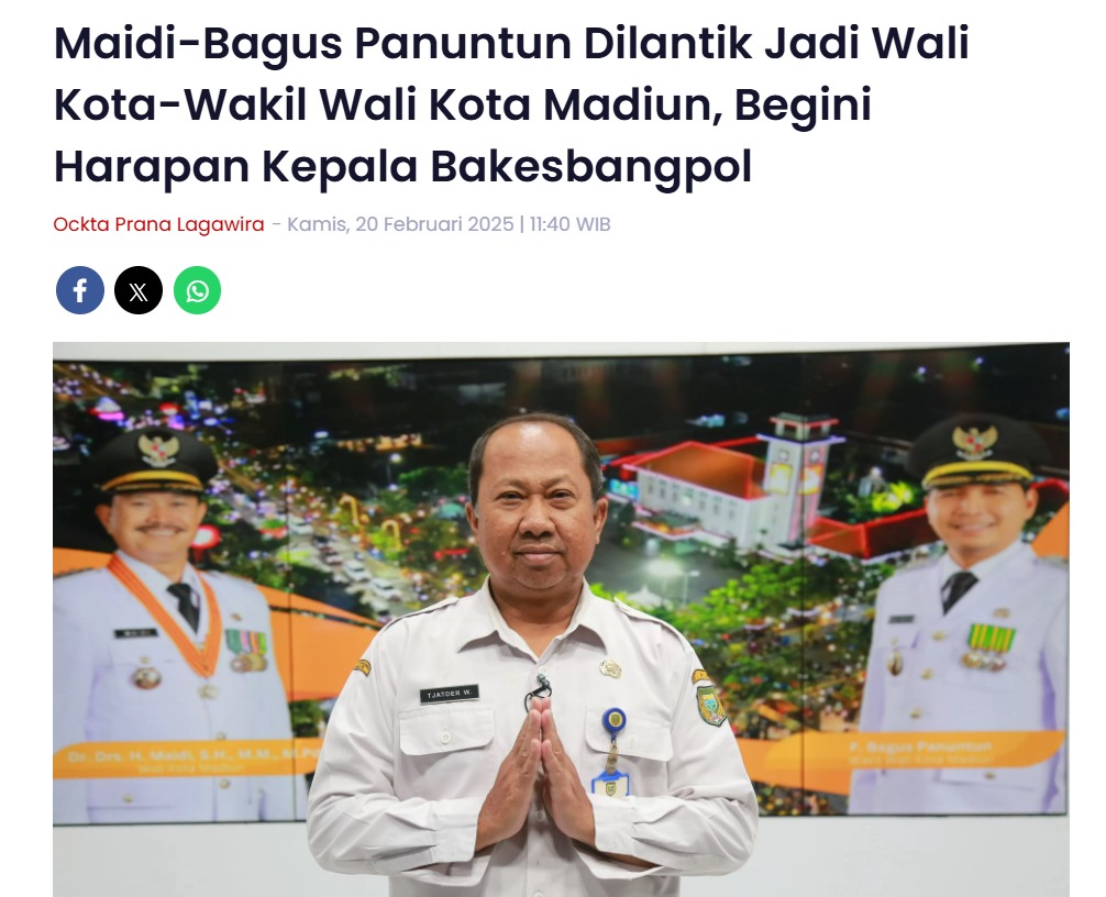 Maidi-Bagus Panuntun Dilantik Jadi Wali Kota-Wakil Wali Kota Madiun, Begini Harapan Kepala Bakesbangpol