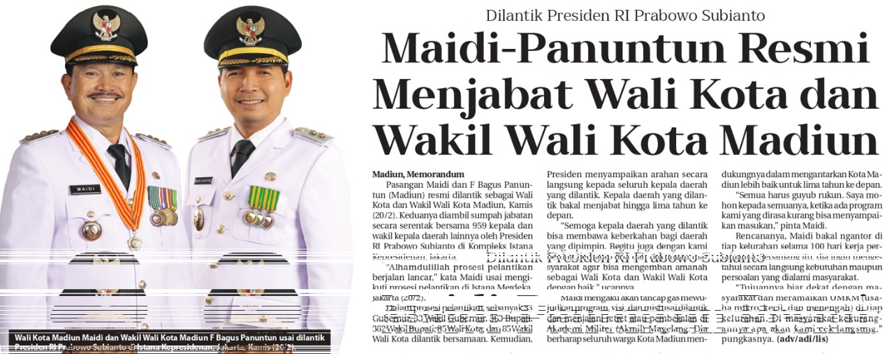Maidi-Panuntun Resmi Menjabat Wali Kota dan Wakil Wali Kota Madiun